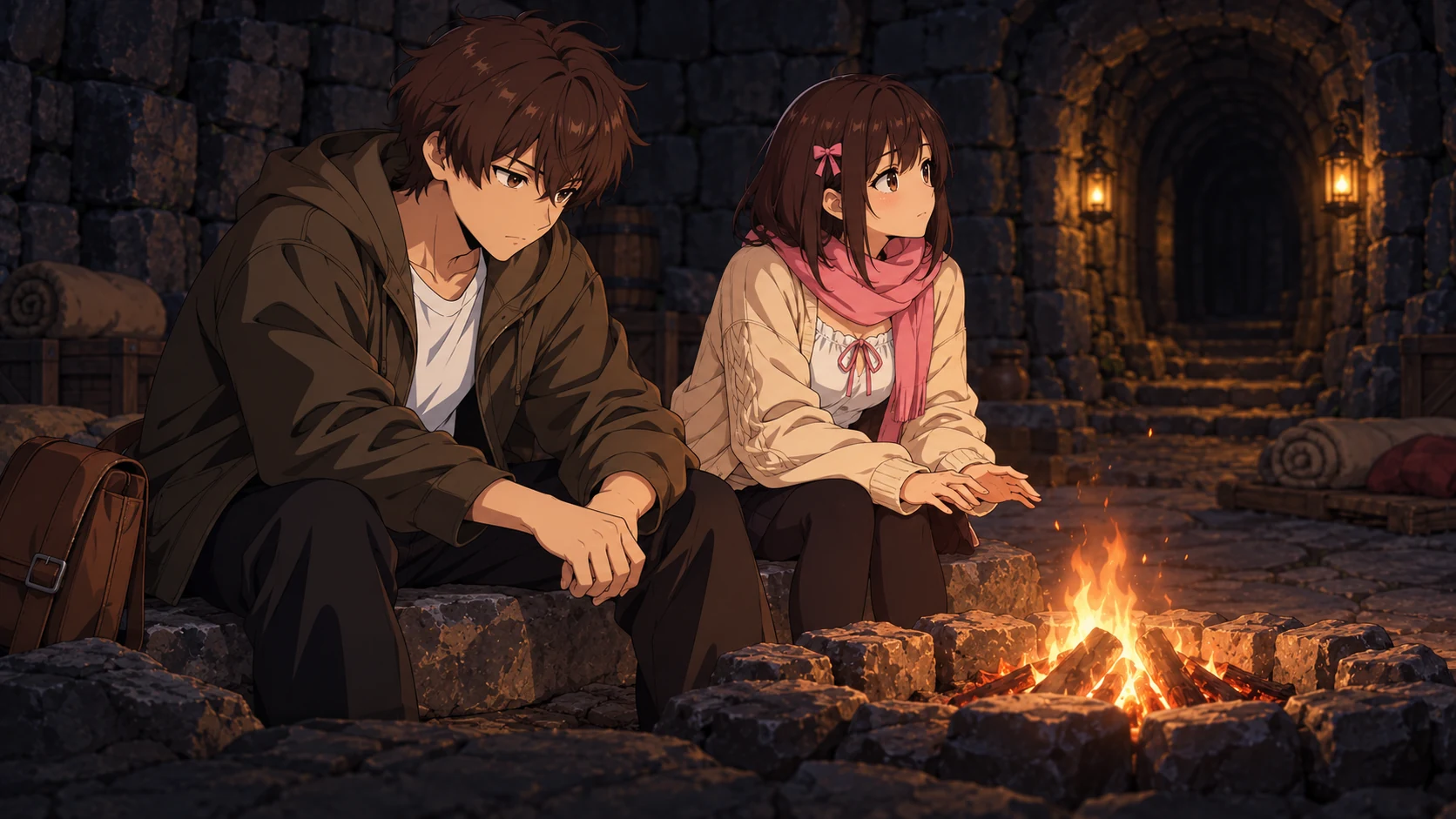 Two survivors sitting beside a small fire in a stone shelter.